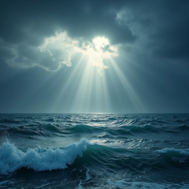 Mar agitado com ondas turbulentas sob céu tempestuoso, representando turbulência interna.