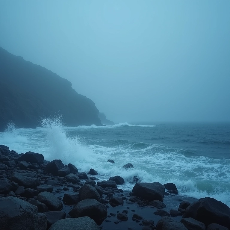 Mar escuro e agitado batendo em costa rochosa, representando medo e incerteza.