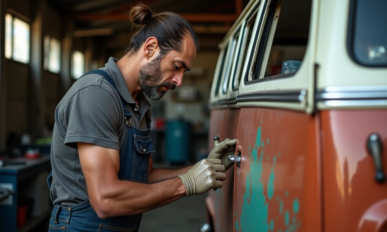 Mecânico consertando kombi antiga, superando desafios.