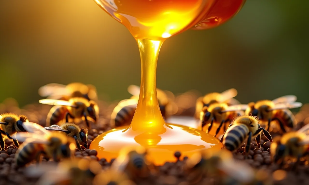 Mel dourado escorrendo com abelhas ao redor, simbolizando prosperidade em sonhos.