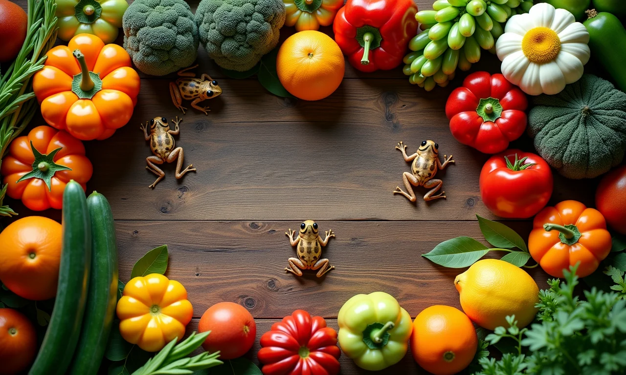 Mesa farta com muitos sapos pequenos, representando abundância.