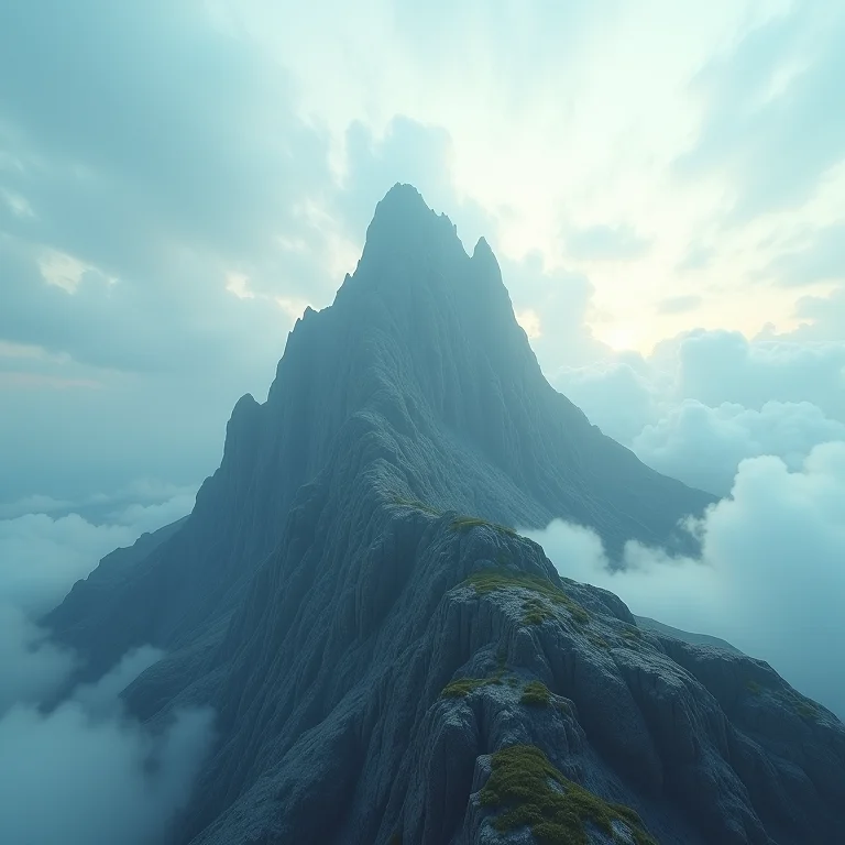 Montanha de cocadas alcançando o céu contra um fundo de nuvens rodopiantes.