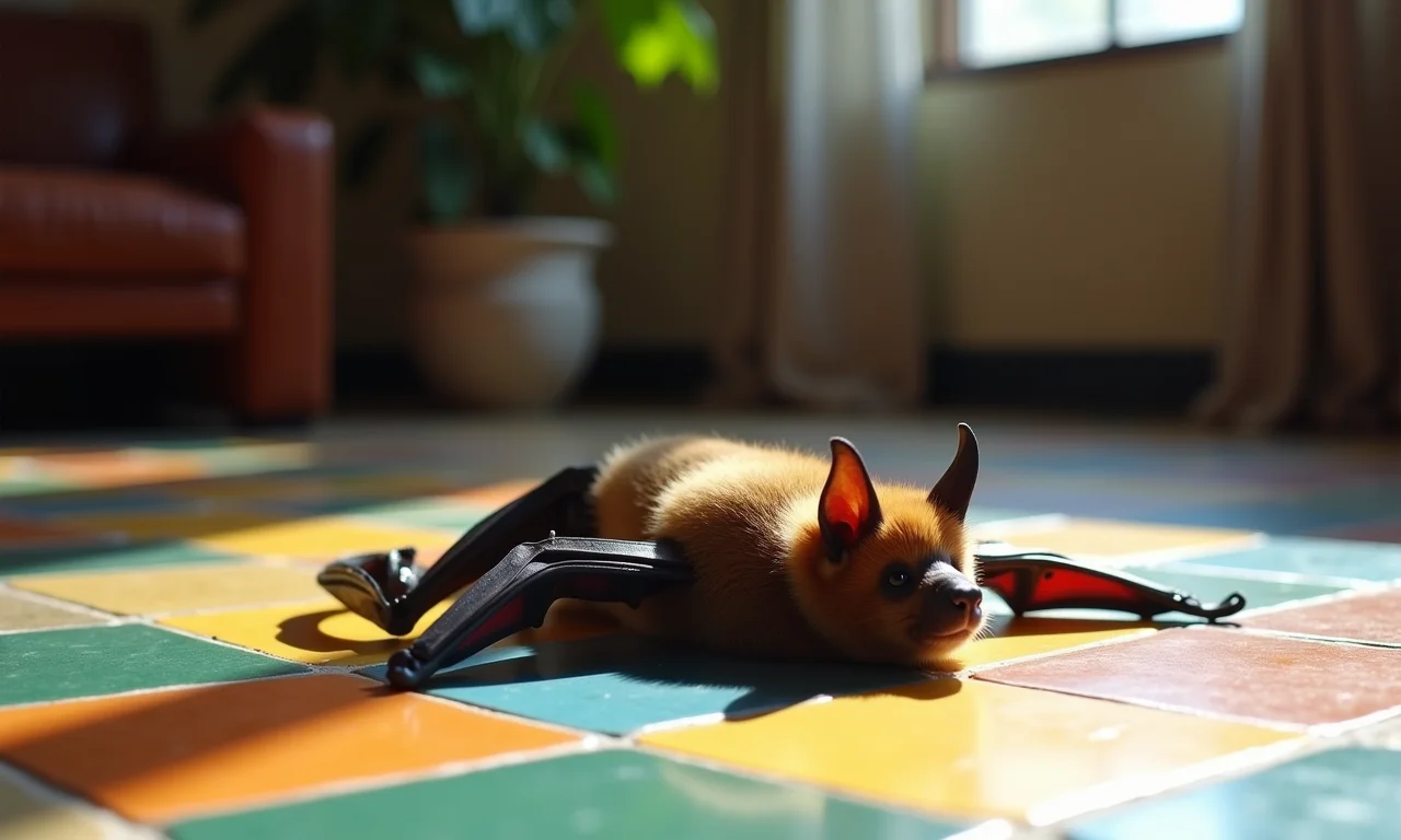 Morcego morto no chão de uma sala de estar com azulejos coloridos.