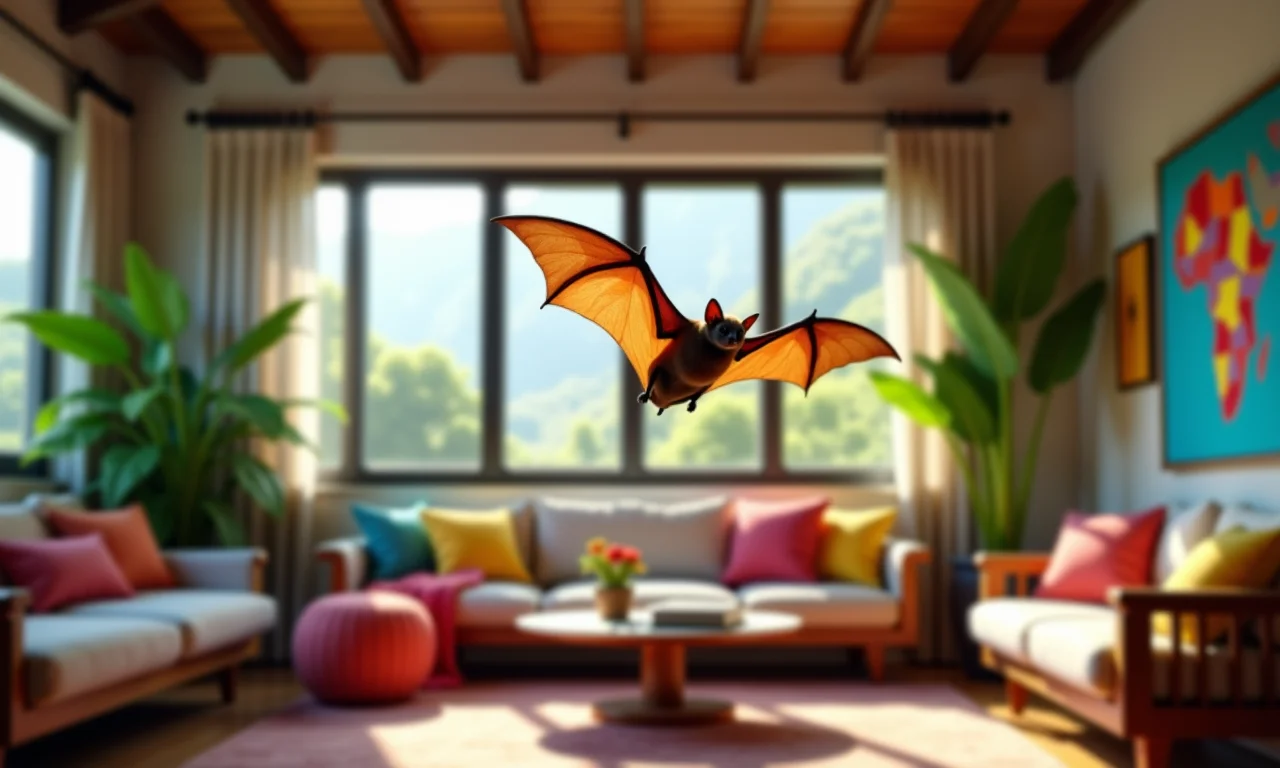 Morcego voando dentro de uma sala de estar decorada em estilo brasileiro.