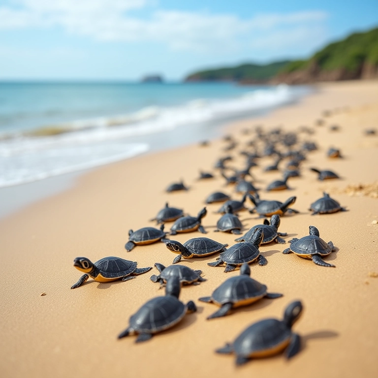 Muitos filhotes de tartaruga correndo para o mar.