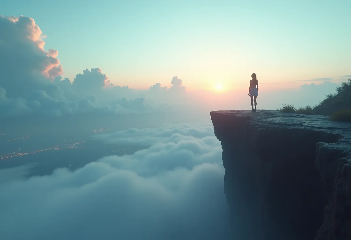 Mulher à beira de um penhasco contemplando paisagem onírica e cidades brilhantes ao longe.