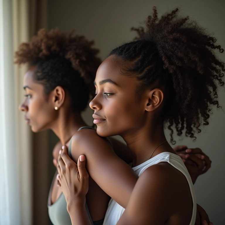 Mulher abraçando parceiro atual, reflexo do relacionamento atual.