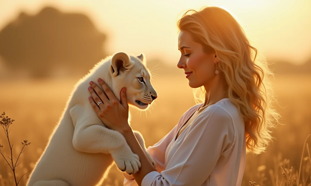 Mulher acariciando um filhote de leão branco em um campo ensolarado.