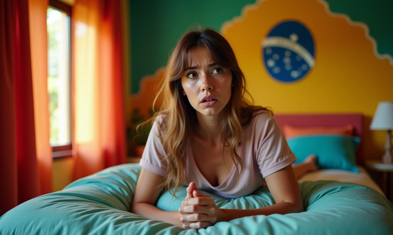Mulher acorda assustada em quarto colorido e olha para as mãos preocupada.