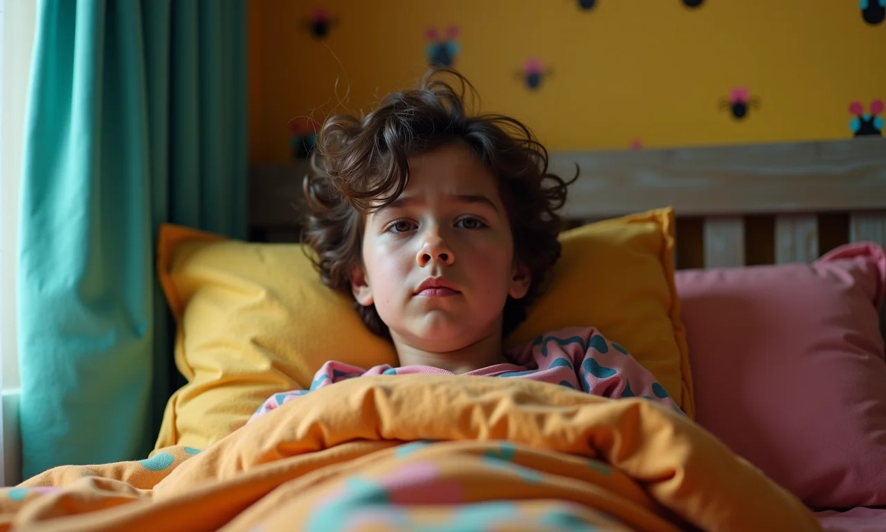 Mulher acorda assustada em quarto vibrante, com imagem sutil de carrapatos ao fundo.