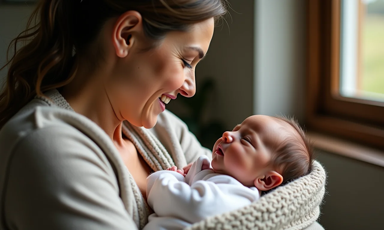 Mulher admirando recém-nascido, em ambiente acolhedor.
