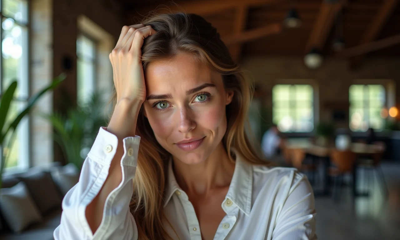 Mulher aliviando o couro cabeludo, representando preocupações e estresse.
