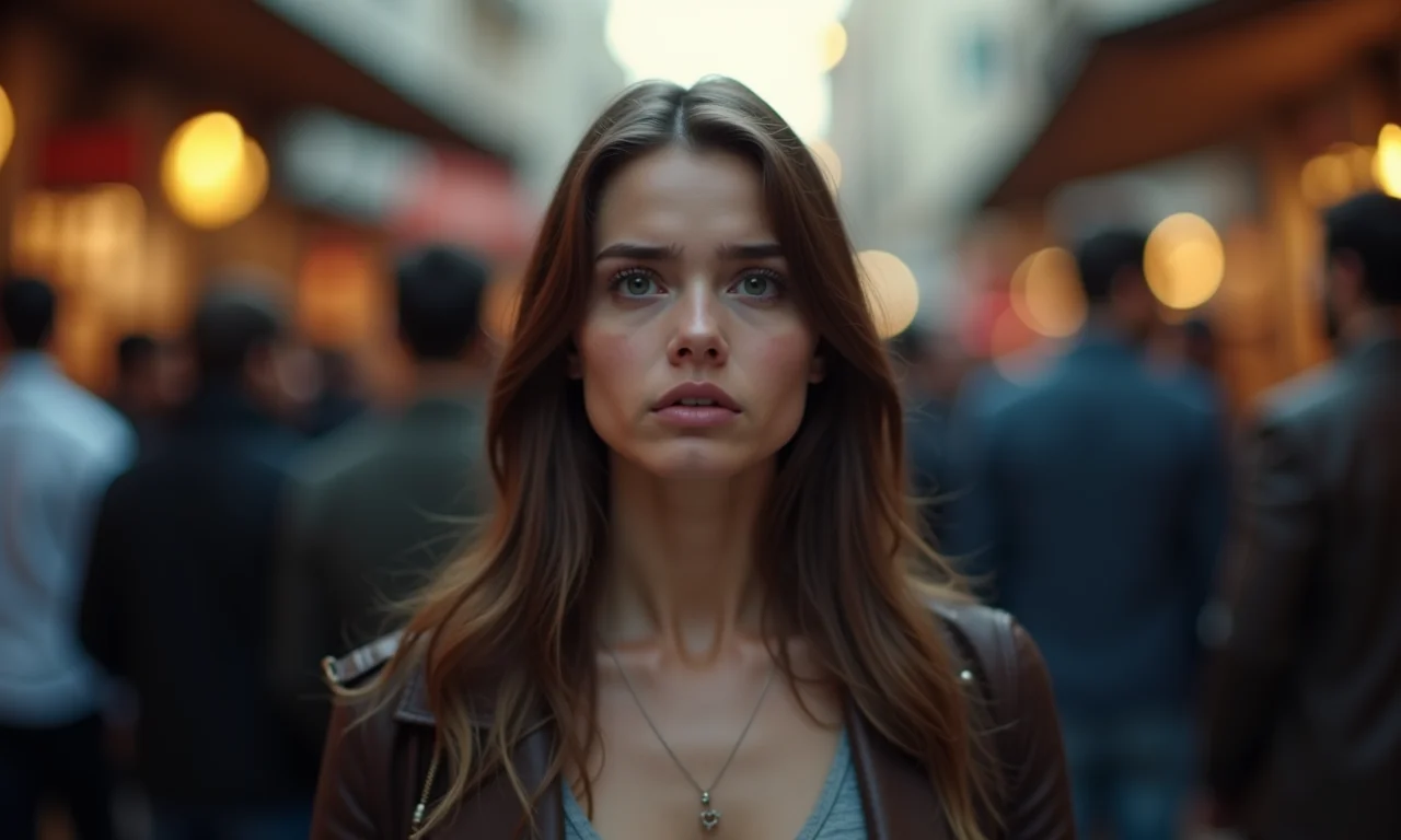 Mulher ansiosa em um mercado lotado, representando o sonho de menstruar em público.