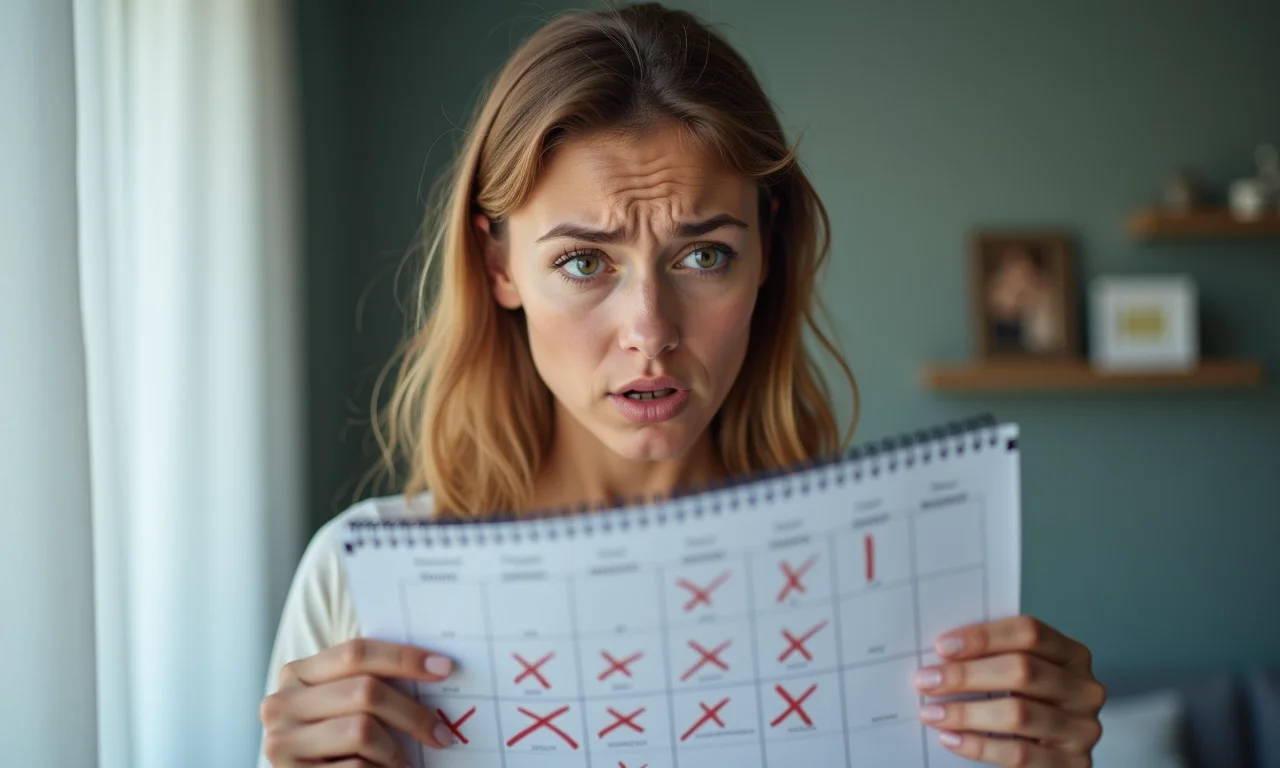 Mulher ansiosa olhando calendário com dente mole.