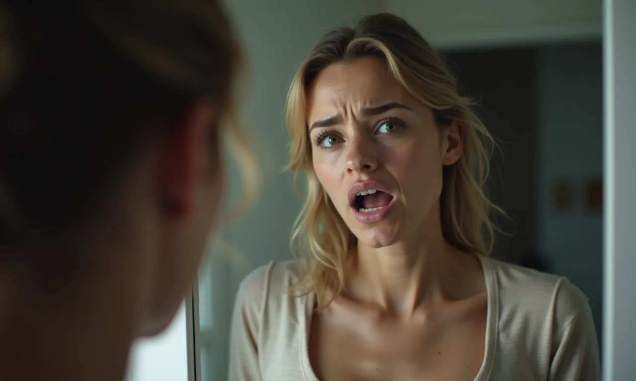 Mulher ansiosa se olhando no espelho, dentes sumindo, medo de perder algo.