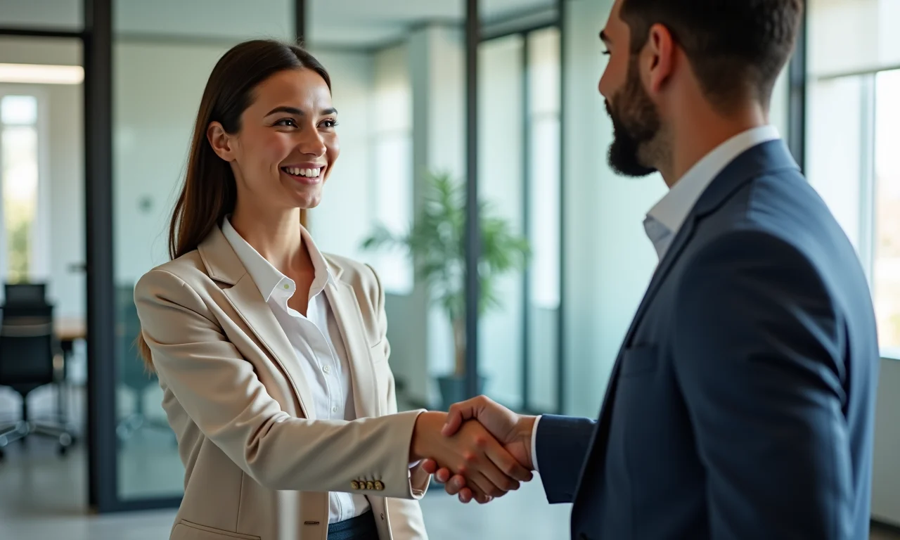 Mulher apertando a mão de um empregador, simbolizando nova oportunidade.