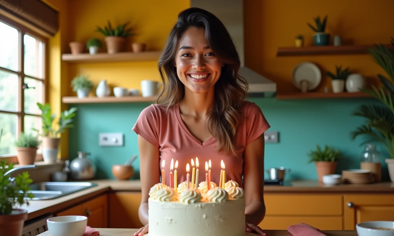 Mulher assando um bolo de aniversário com alegria, representando criatividade e afeto.