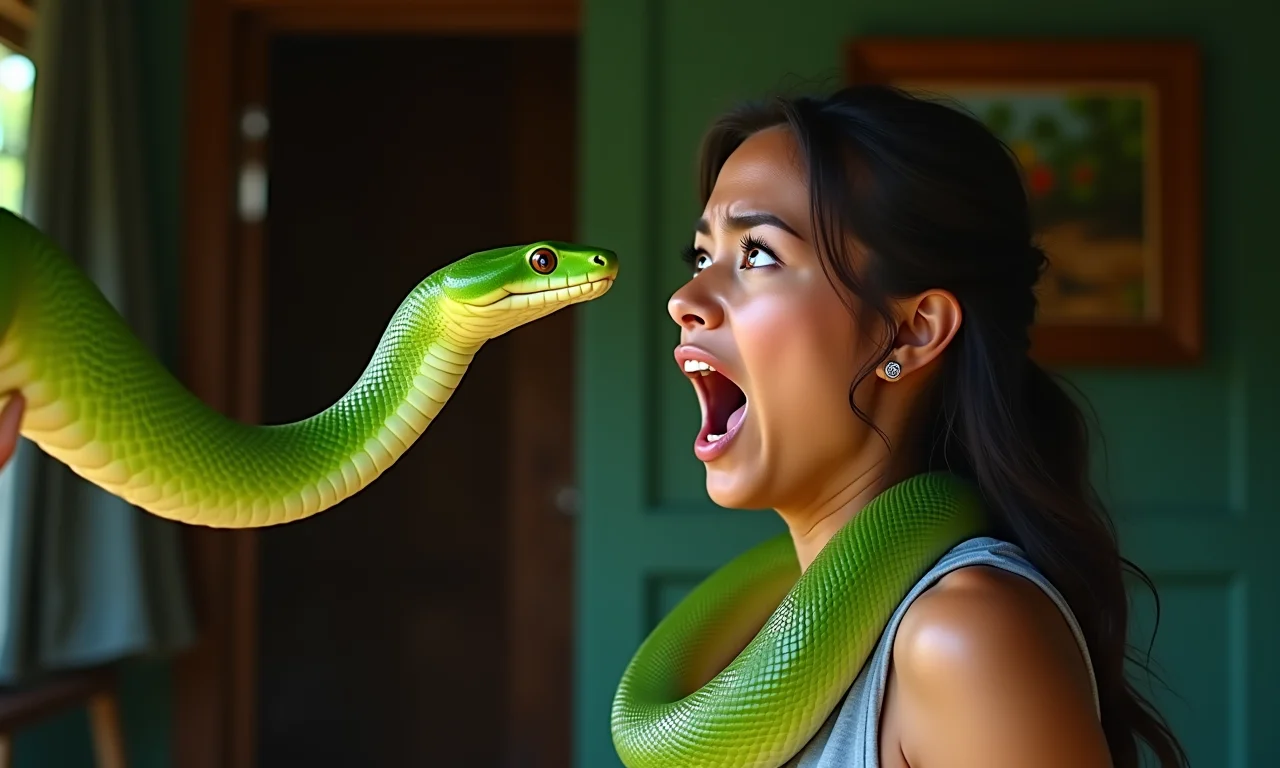 Mulher assustada encarando cobra verde.