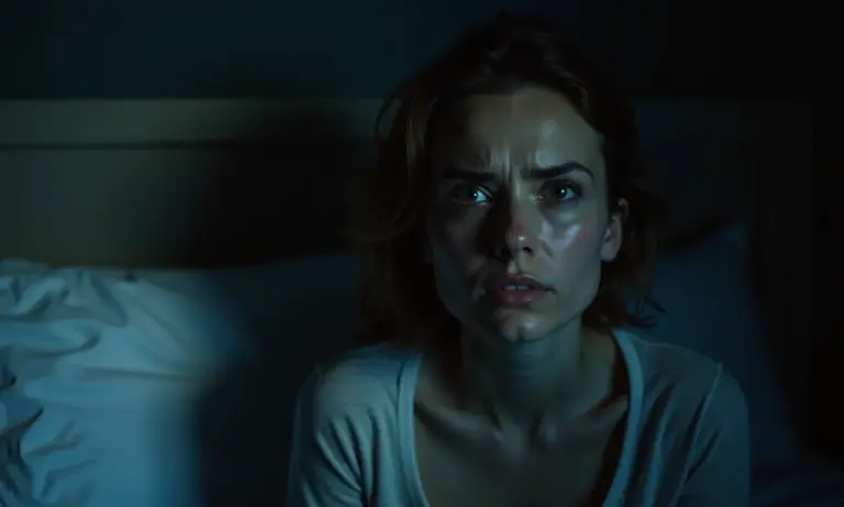 Mulher assustada sonha com roubo, expressando medo e vulnerabilidade.