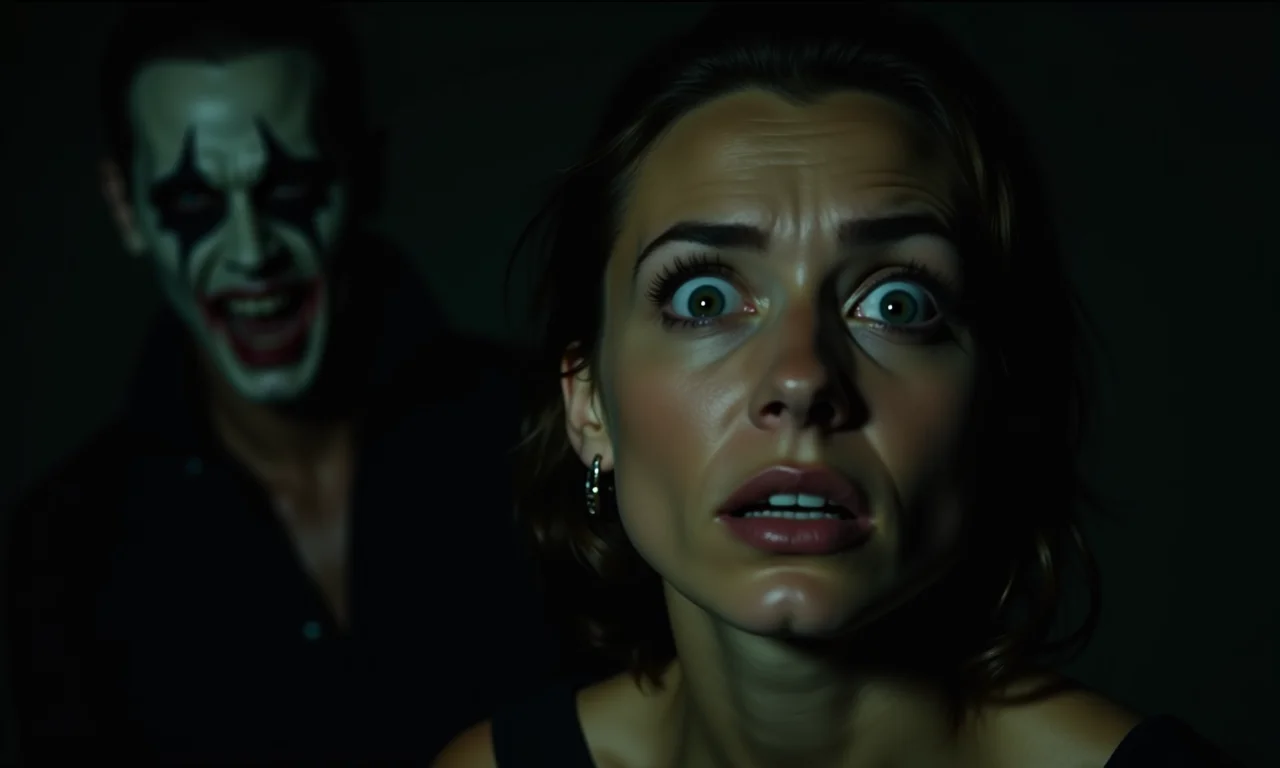 Mulher aterrorizada com a sombra de um vampiro, representando o medo de sonhar com vampiros.