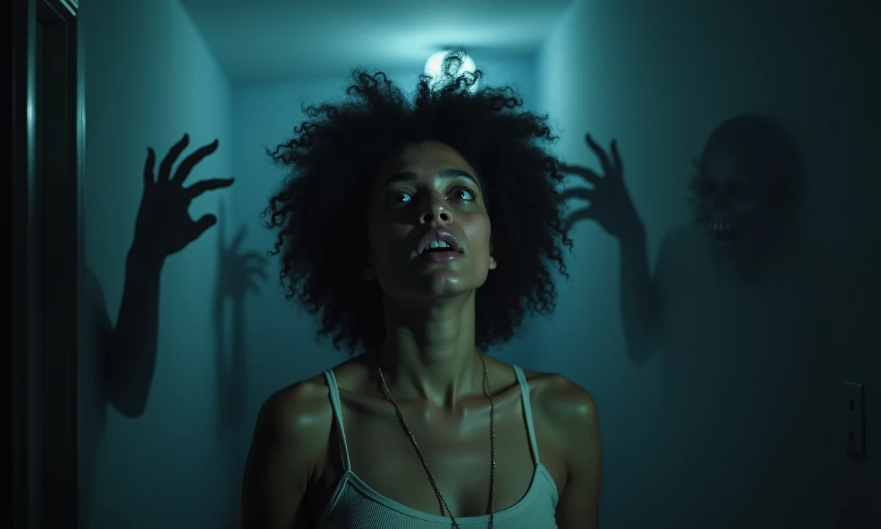 Mulher aterrorizada em sonho vívido com demônios nas sombras.