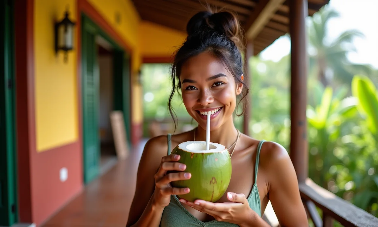 Mulher bebendo água de coco em varanda brasileira vibrante.