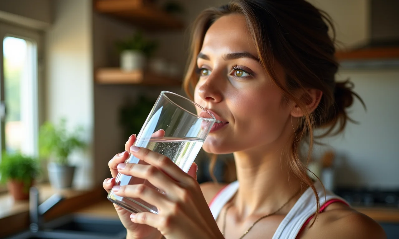 Mulher bebendo água limpa em cozinha colorida estilo Farm Rio, representando saúde e bem-estar.