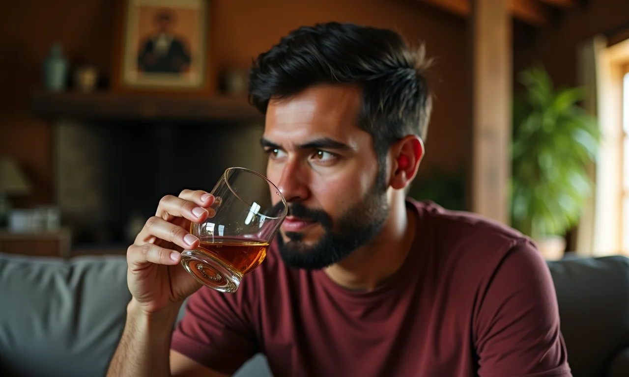 Mulher bebendo whisky em sala aconchegante, estilo Farm Rio, representando o ato de beber em sonho.