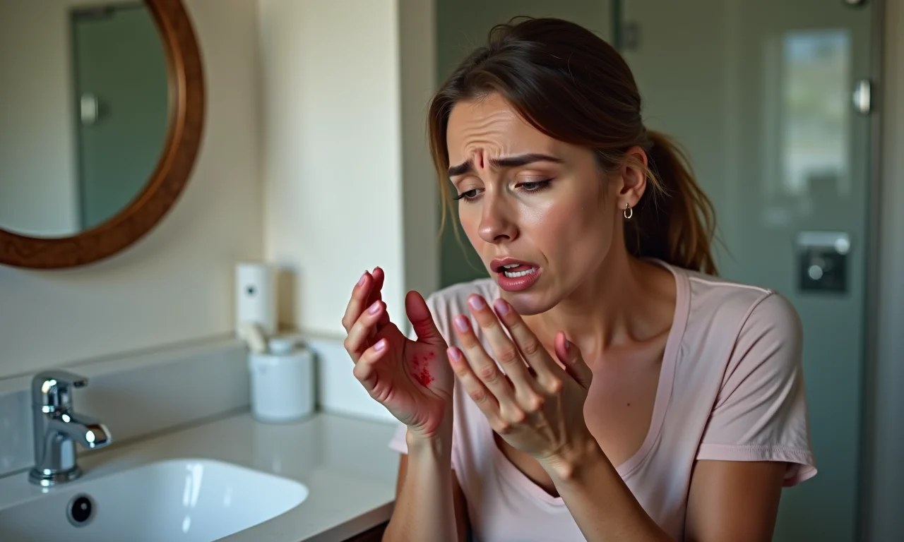 Mulher brasileira de meia-idade olhando para sangue menstrual em suas mãos, expressando preocupação.