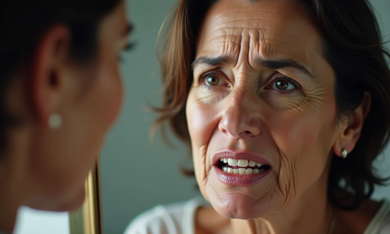 Mulher brasileira preocupada observando seu reflexo no espelho após sonhar com dentes caindo.