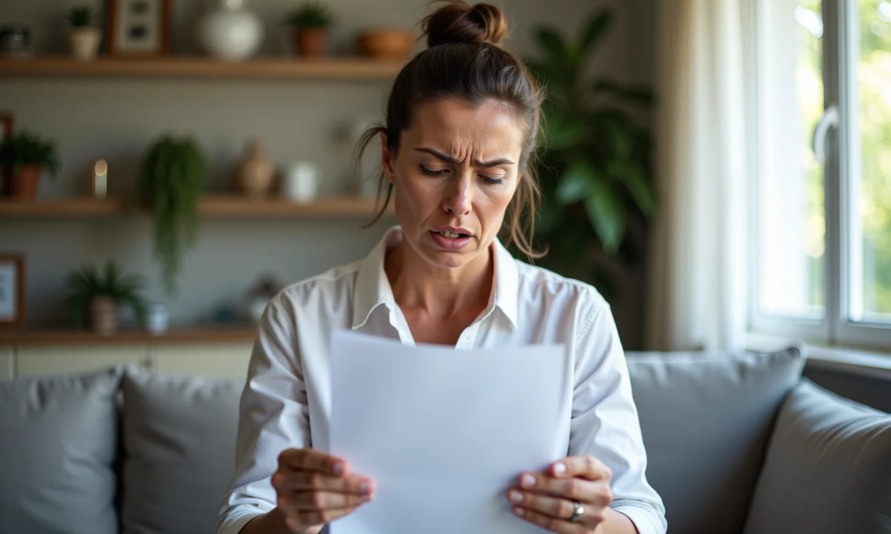 Mulher brasileira preocupada olhando exame médico em sala decorada.