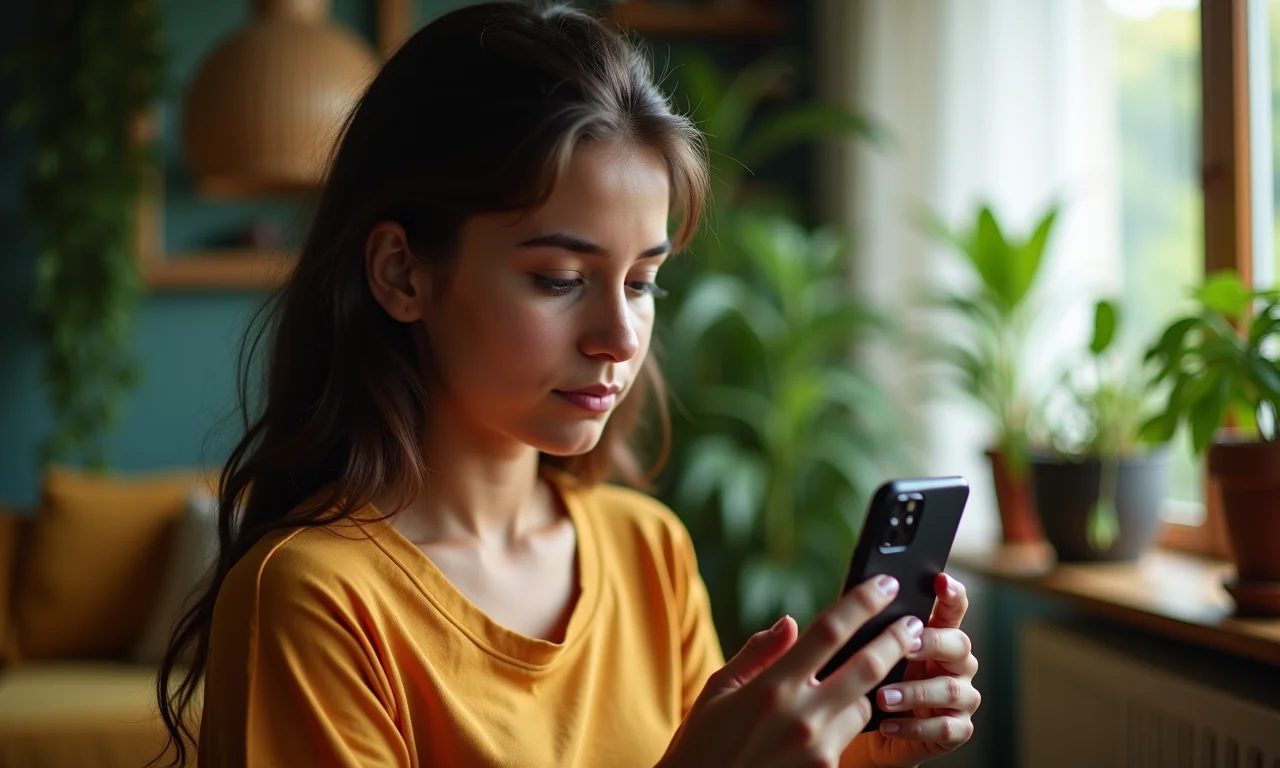 Mulher brasileira sonhando acordada com youtuber famoso enquanto olha para o celular.