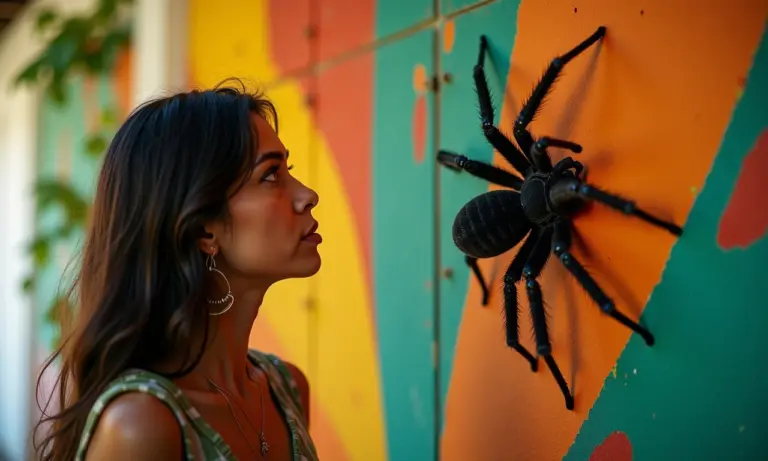 Mulher brasileira sonhando com aranha preta em parede colorida.