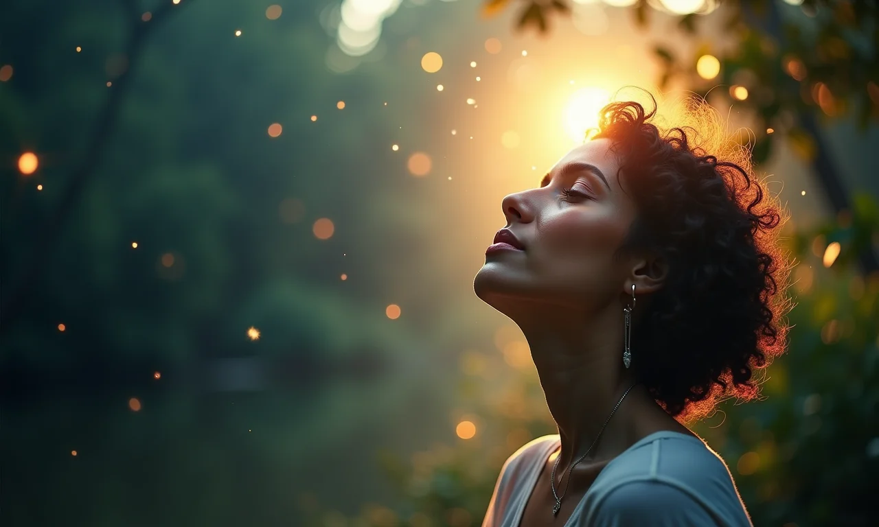 Mulher brasileira sonhando com luz divina e esperança.