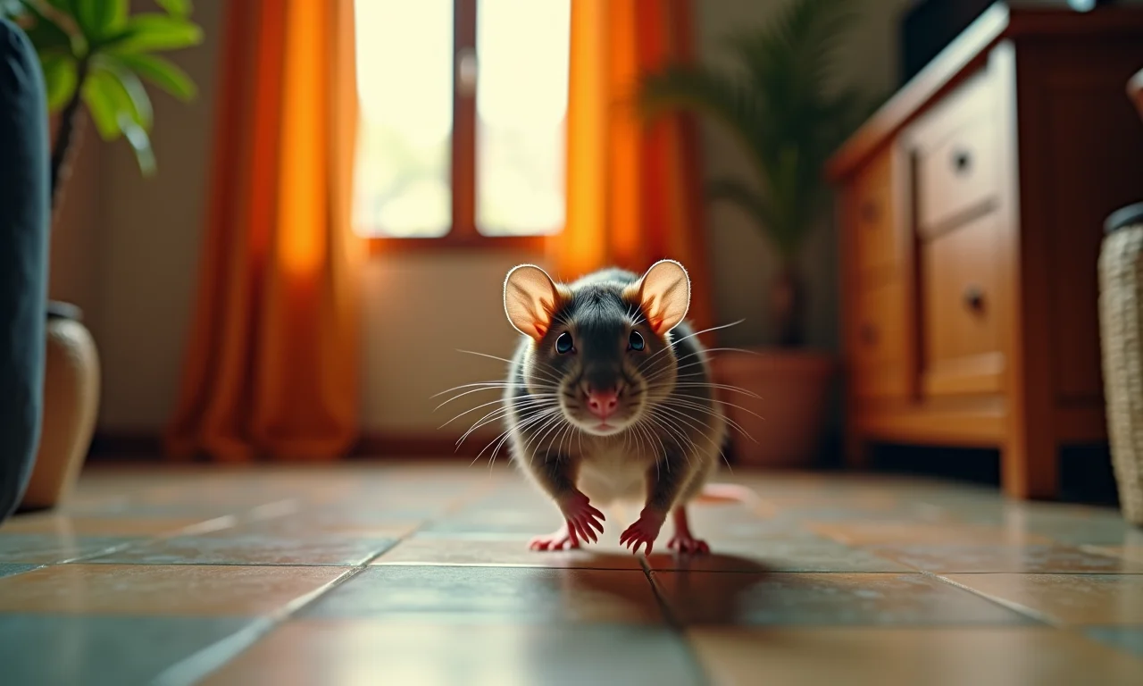 Mulher brasileira surpresa com rato correndo para longe dela.