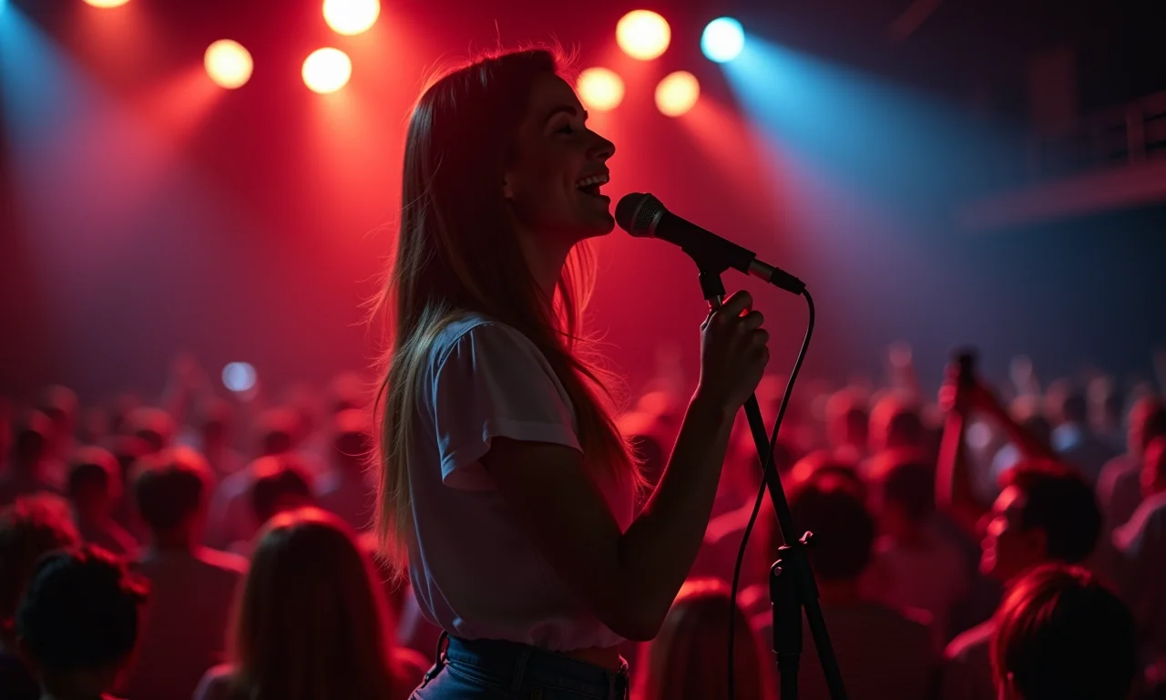 Mulher cantando em um karaokê, expressando emoção e confiança.