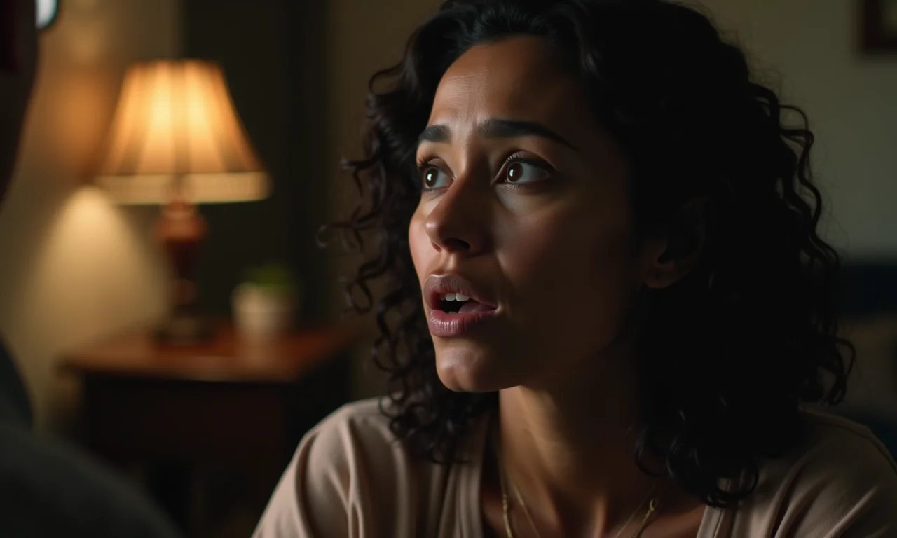 Mulher chocada ao ouvir kiumba falar, cena tensa.