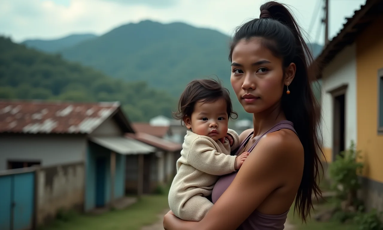 Mulher com boneca em favela, sonho de bebê abandonado
