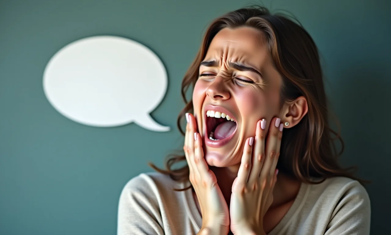 Mulher com dificuldade de expressão, mãos na garganta.