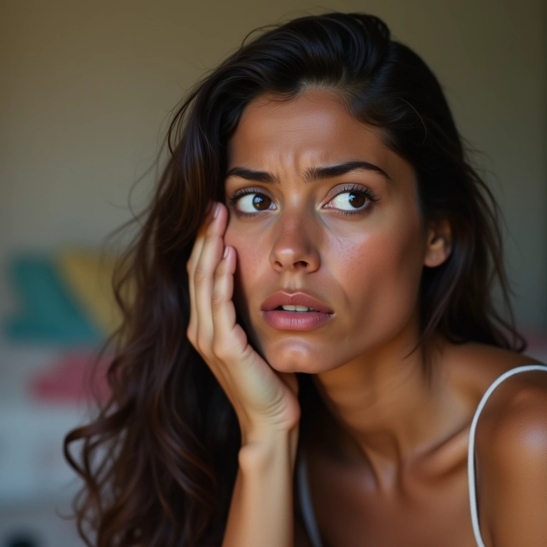 Mulher com expressão de culpa, evitando contato visual, quarto colorido ao fundo.