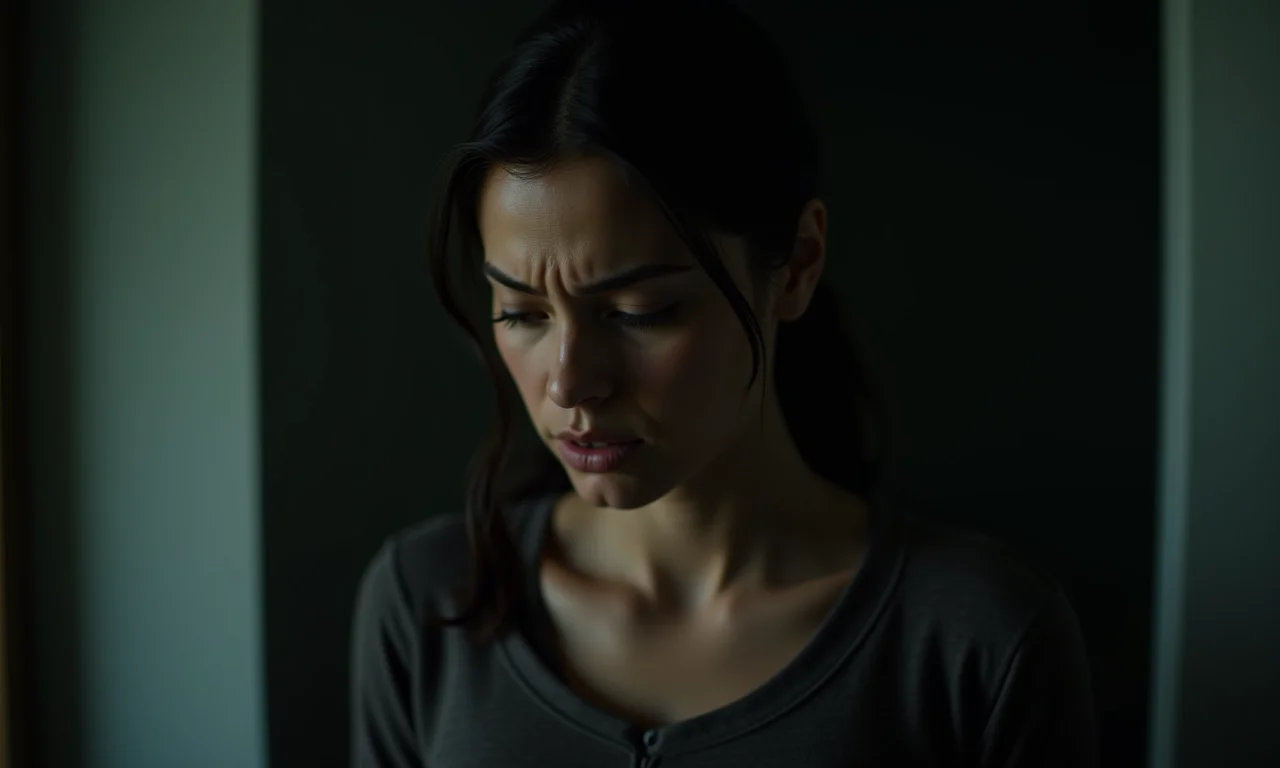 Mulher com expressão de culpa, simbolizando o sentimento de culpa.