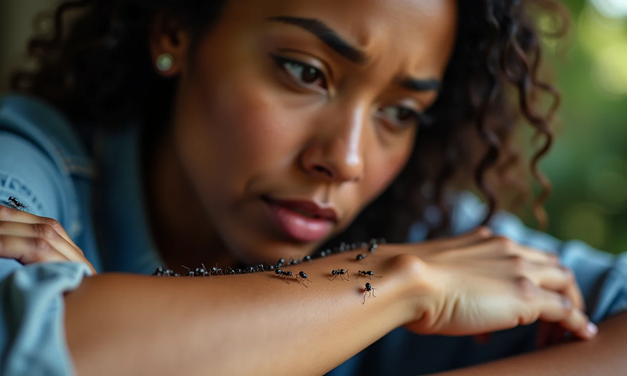 Mulher com formigas no corpo, expressão de preocupação.