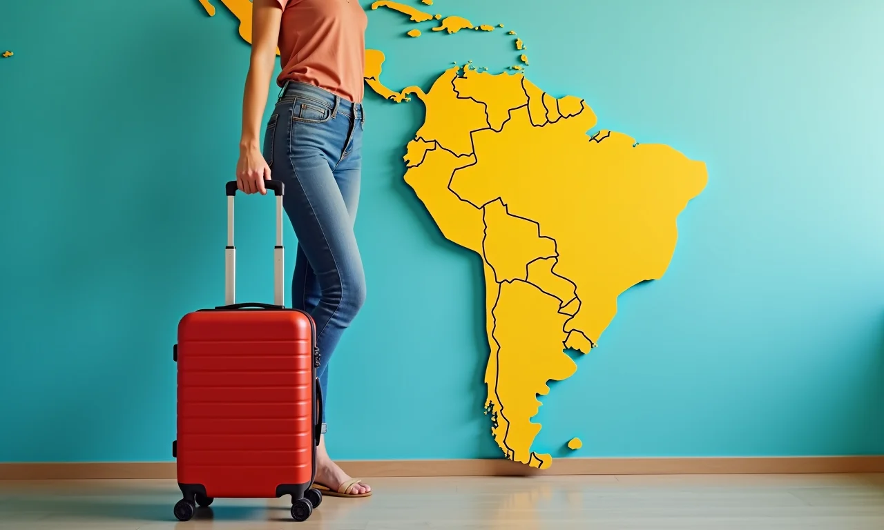 Mulher com mala em frente a mapa do Brasil, mudança de cidade.