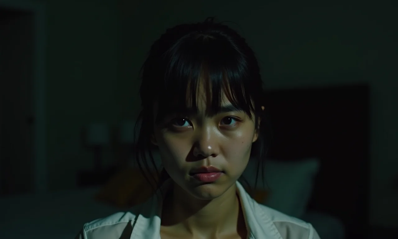 Mulher com medo durante pesadelo com Yama em quarto escuro.