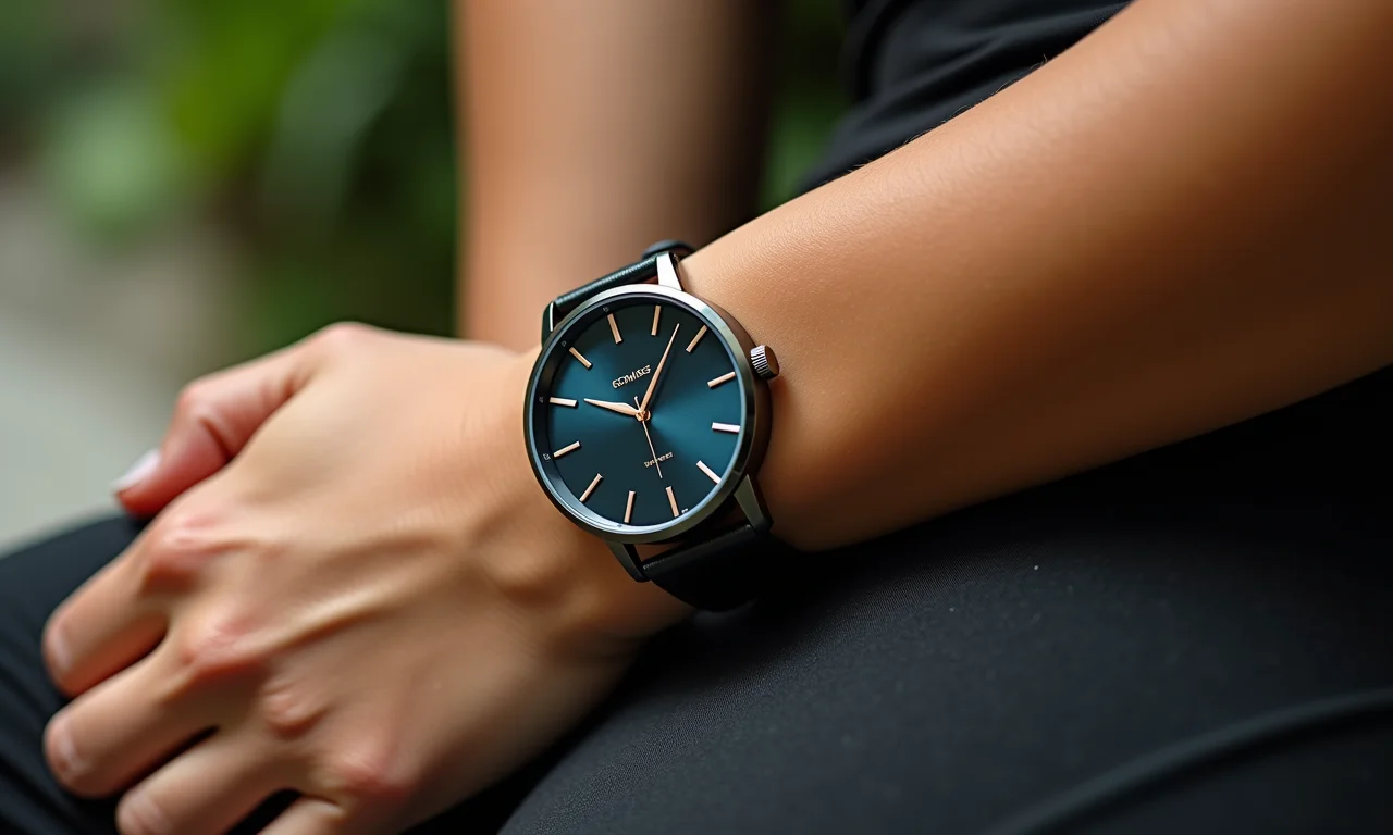 Mulher com relógio de pulso, simbolizando sonhos e o tempo.