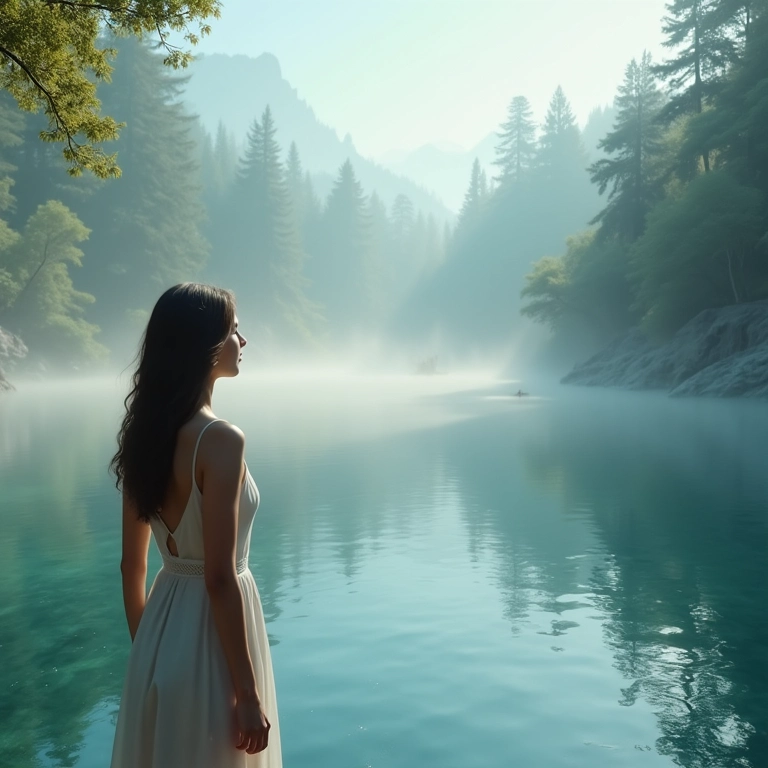 Mulher contemplando água etérea em sonho, futuro pacífico refletido.