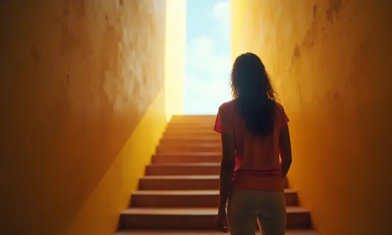 Mulher contemplando escada iluminada, simbolizando escolhas e o futuro.