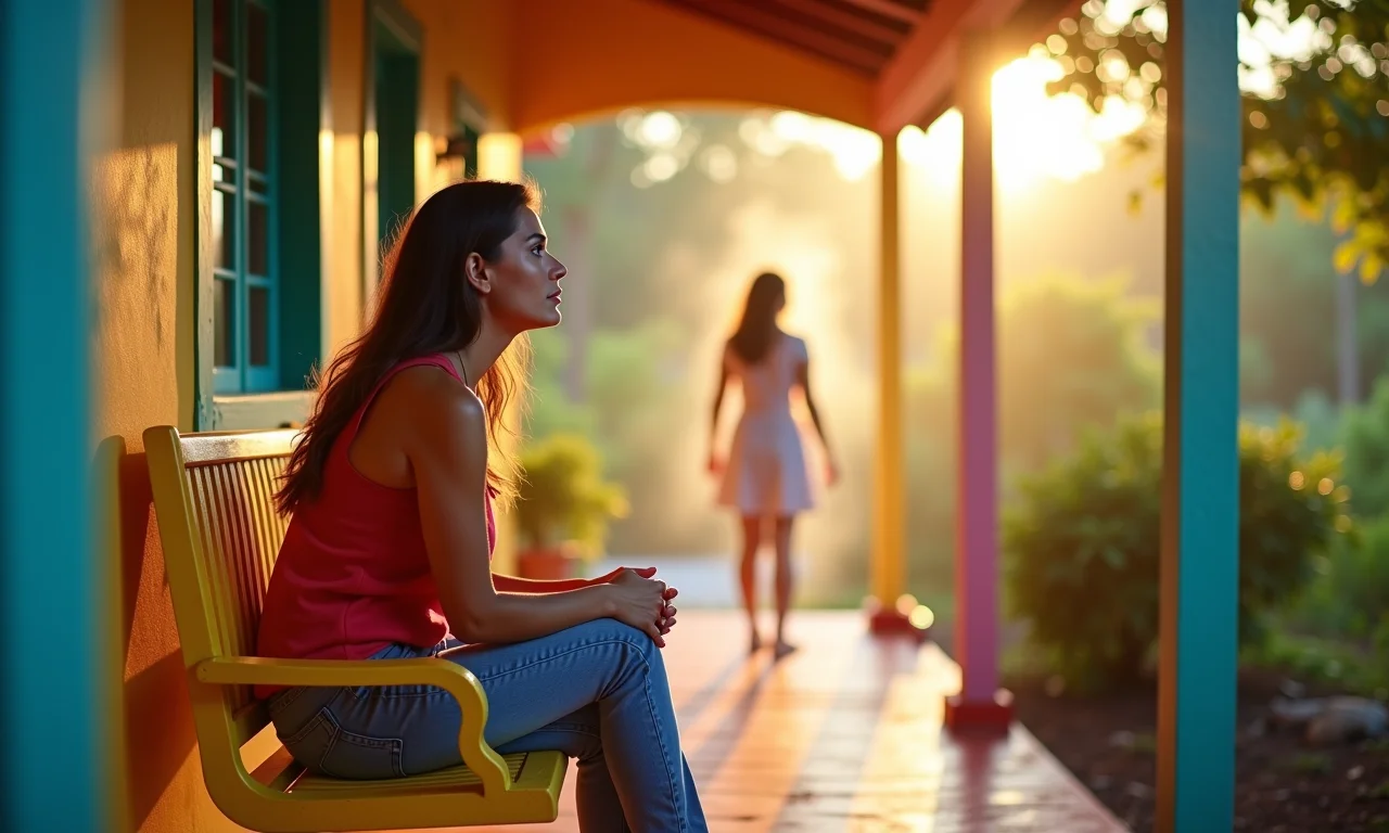 Mulher contemplando figura fantasmagórica, representando sonho com ente falecido.