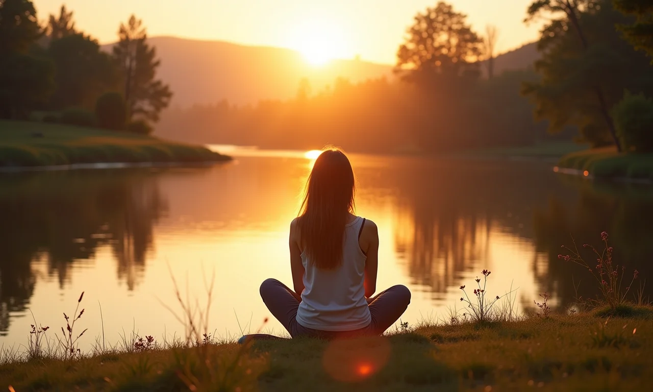 Mulher contemplando lagoa de água cristalina ao amanhecer, simbolizando sonhos positivos.