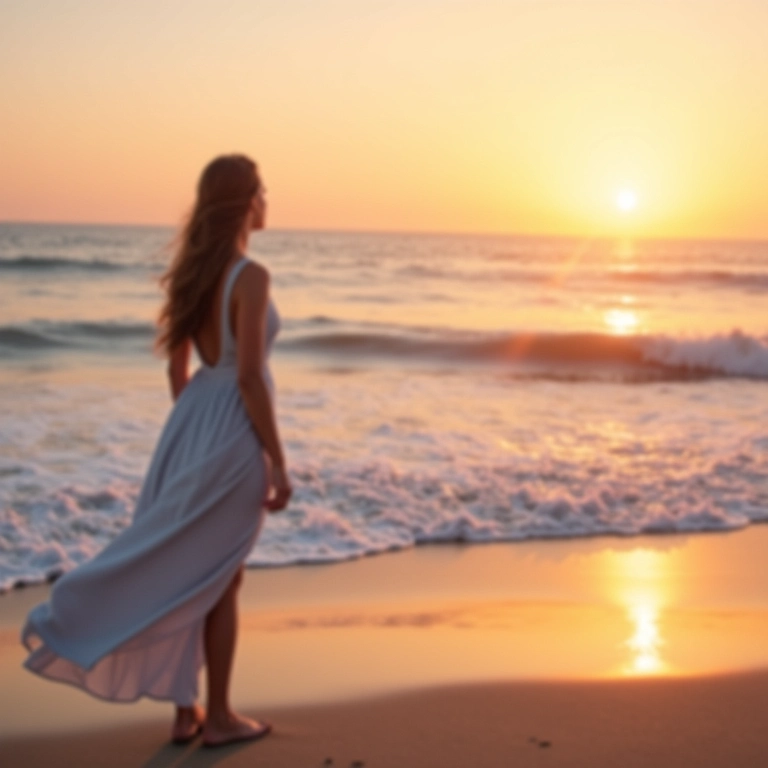 Mulher contemplando o mar ao amanhecer, simbolizando sonhos com a praia.